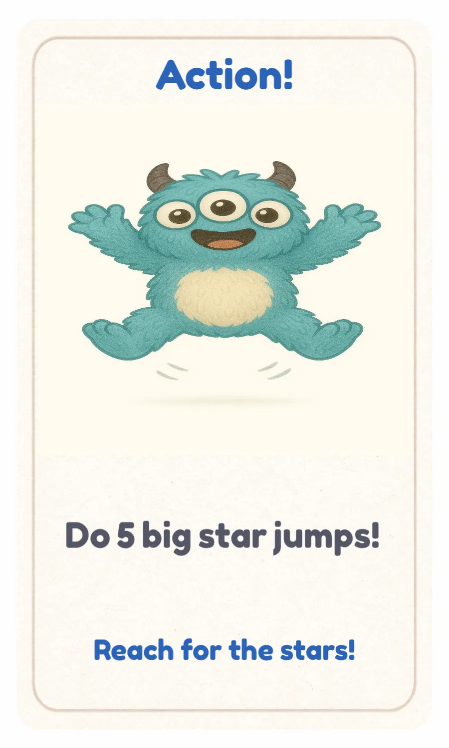 A little monster character does jumping jacks for an action card