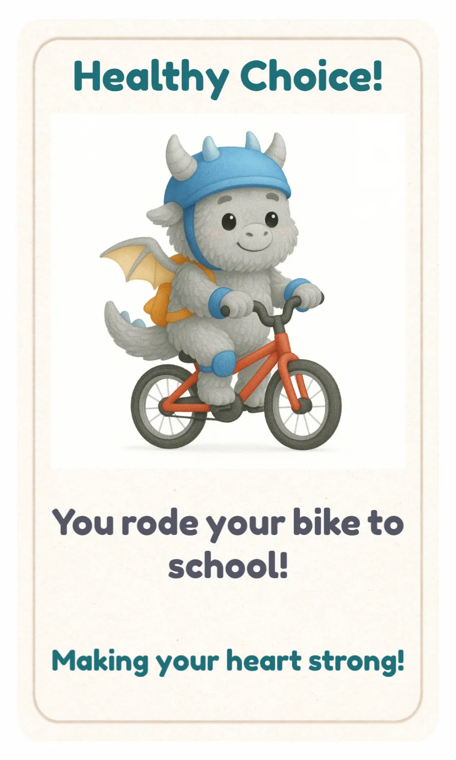 A little monster character rides a bike as a healthy choice card