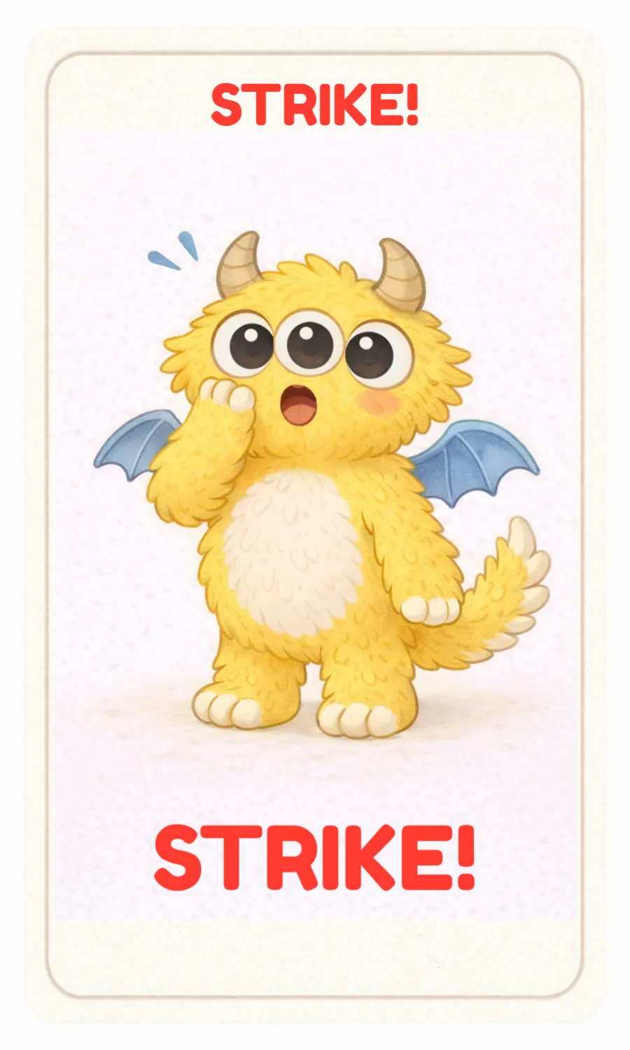 Little monster characters play Flip! with a strike card